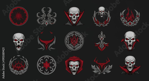 Intricate Collection of Stylized Skull Emblems and Dark Fantasy Vector Illustrations for Graphic Design Projects and Edgy Visual Concepts