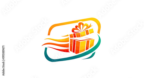 Vibrant speedy present delivery icon, showcasing a rapidly arriving gift box within a dynamic, fluid design, representing efficient and exciting service