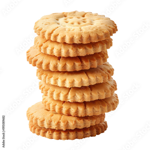 Stack of golden round butter cookies with scalloped edges isolated on Transparent Background