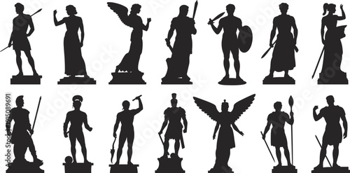 Ancient Greek and Roman statues silhouettes, classical mythology sculptures collection, warrior and angel figures, antique marble monument shapes isolated on white background