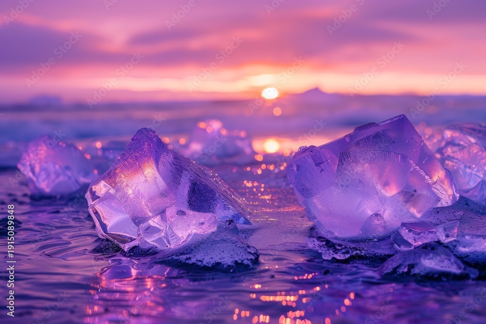 Obraz premium Beautiful ice shards reflecting the purple and orange sunset light on the frozen surface of lake baikal