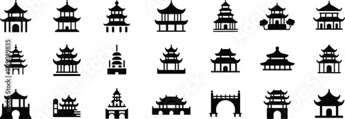 Asian pagoda silhouettes set, traditional Chinese temple icons, Japanese shrine architecture collection, oriental pavilion buildings, historic East Asia landmarks isolated on white background