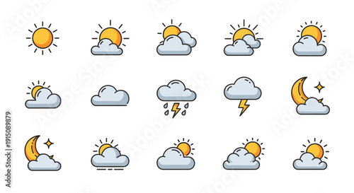 Weather Icons Illustrating Diverse Atmospheric Conditions Including Sunshine and Cloudy Skies