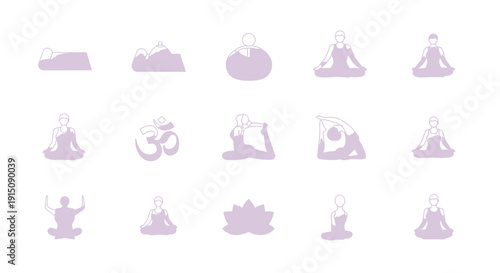 Yoga poses icons set in lilac color representing wellness and meditation practice