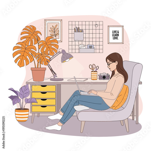 Cozy Home Workspace Illustration with Woman Working on Laptop and Modern Desk Decor
