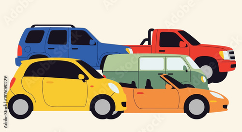 Colorful illustration of various cars and vehicles stacked together.