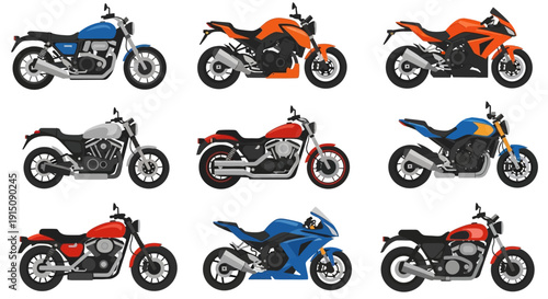 Assorted motorcycles in various colors and designs.