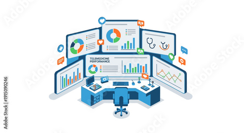 Modern office workstation with multiple monitors displaying various business analytics and data visualization charts.