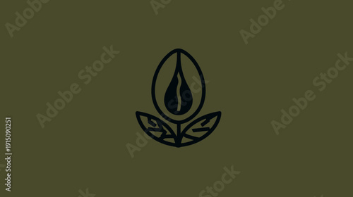 A symmetrical black stylized floral design against an olive-green backdrop
