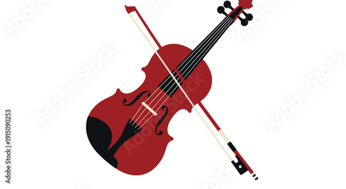 Red violin and bow illustration on white background.