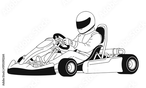 Go-Kart Racer Driving a Karting Vehicle Line Art Illustration