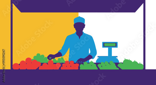 Vendor selling fresh vegetables at a colorful market stall.