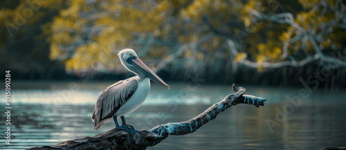 Coastal Bird Resting on Driftwood in a Lush Mangrove Estuary.