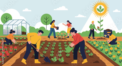 People working together in a vibrant community garden with diverse vegetables and plants.