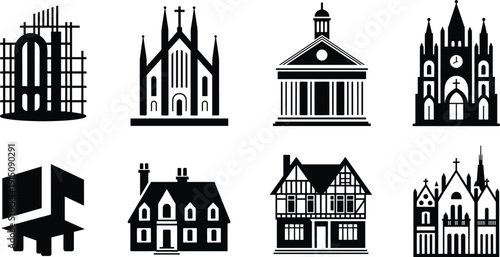 Black architecture icons set, church cathedral courthouse house buildings silhouettes, vector illustration, isolated on white background, flat design collection