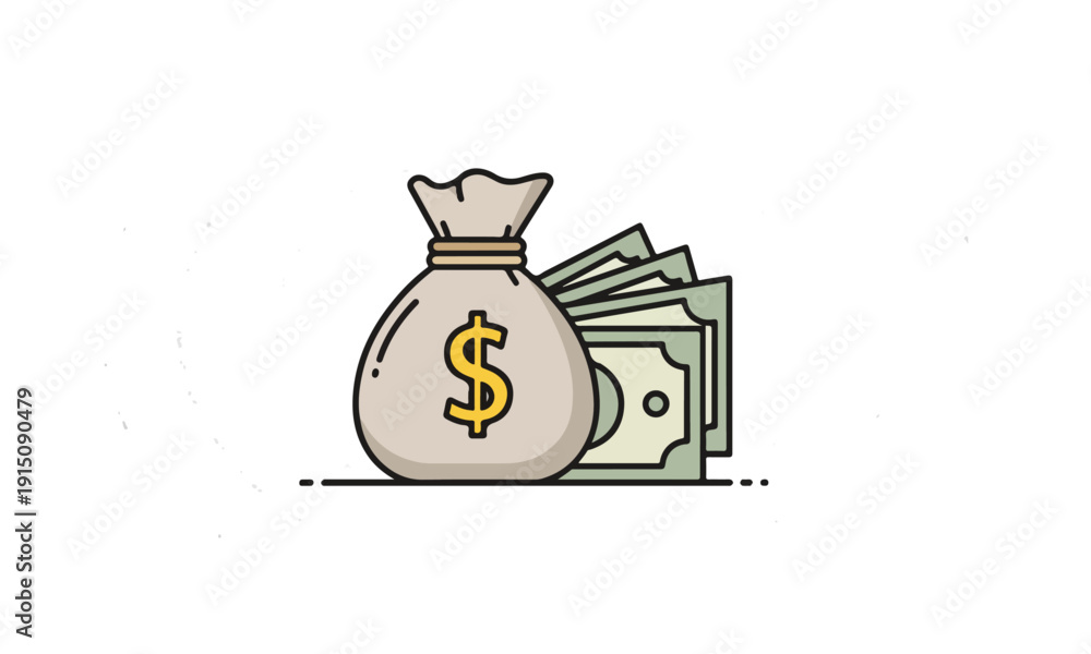 Obraz premium Dollar Money Bag and Stack of Cash Banknotes Flat Illustration