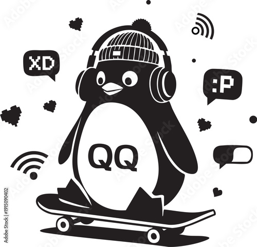 A stylized penguin with headphones and a skateboard surrounded by various symbols