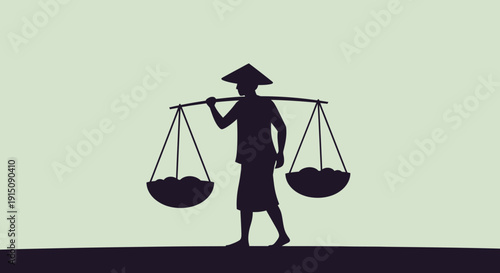 Silhouette of a person carrying a traditional balance scale.