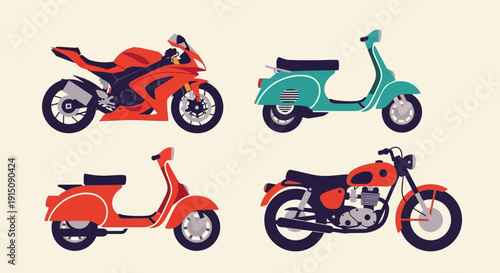 Vibrant Motorcycles and Scooters in Various Colors.