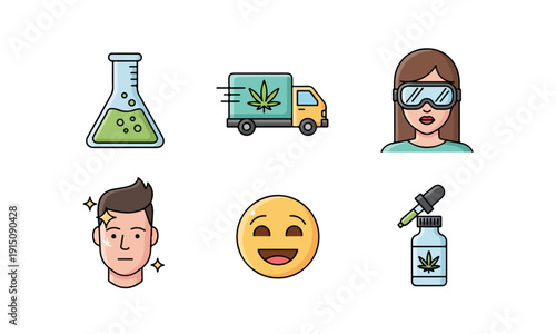 Cannabis CBD Icons: Lab Flask, Delivery Truck, Scientist, Oil Dropper