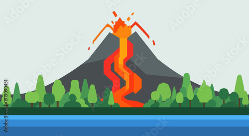 Volcanic Eruption Landscape with Lava and Trees.