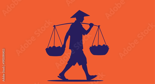 Silhouette of a person carrying balanced baskets on a pole.