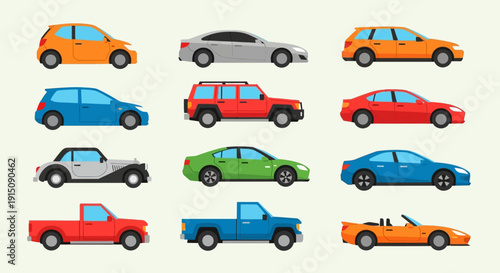 Collection of various colorful cartoon cars and vehicles.
