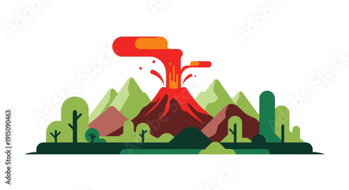 Volcanic eruption landscape with lava and smoke.