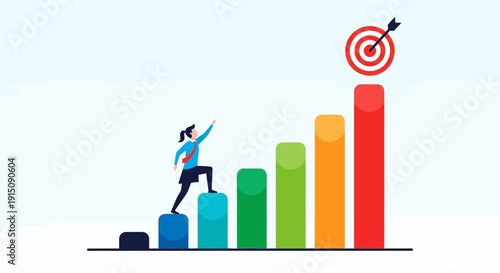 Businessman climbing colorful bar graph towards target success.