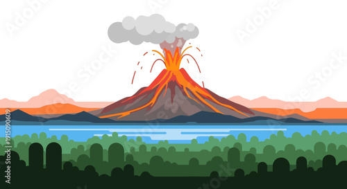 Volcanic eruption landscape with smoke and lava flow.