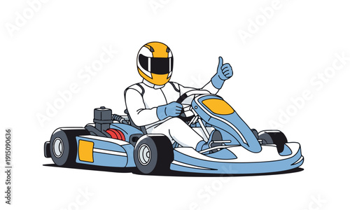 Karting Driver in Racing Suit Giving Thumbs Up in Blue Go-Kart