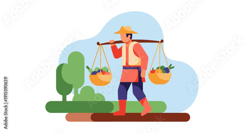 Farmer carrying baskets of fresh vegetables on shoulder pole.