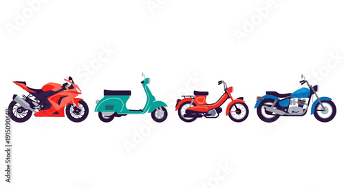 Four different motorcycles and scooters lined up together.