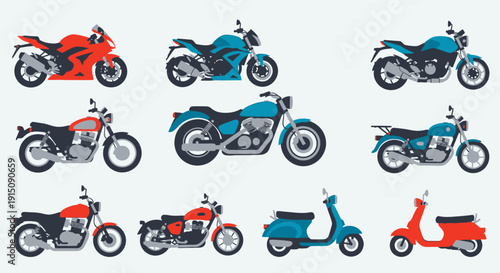 Assorted Motorcycles and Scooters in Various Colors.
