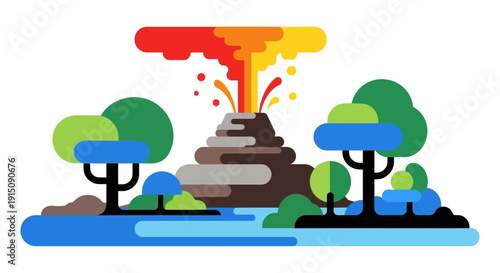 Volcanic Eruption Landscape with Trees and Water.