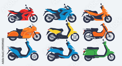 Colorful Scooters and Motorcycles in Various Bright Hues.