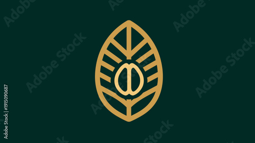 A golden leaf-shaped symbol on a dark green background, with seeds at its center