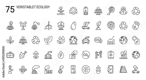 Vector icons representing renewable energy, sustainability, and environmental protection with nature and technology themes.