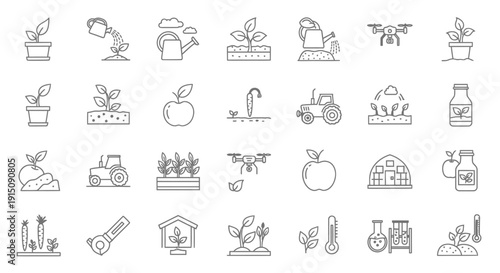 Line art icons representing agriculture, farming, and gardening, including plants, tools, vehicles, and innovative technology like drones.