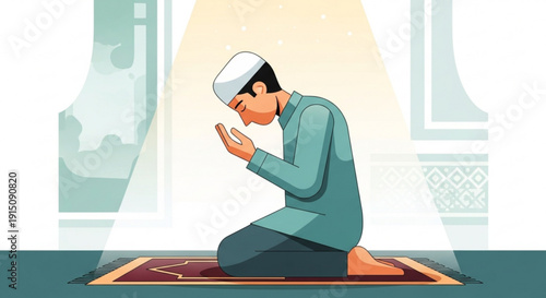Man in prayer kneeling on a rug with hands raised islamic tradition and culture serene and peaceful atmosphere religious practice spirituality faith devotion