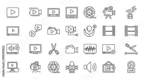 Video Production and Media Icons: Play Button, Camera, Film Reel, Monitor, Sound Wave, Scissors, Live Stream
