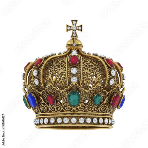 A regal and ornate crown adorned with precious jewels and intricate gold detailing. isolated on transparent background