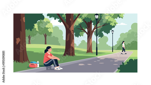 Peaceful park scene with relaxed people in a lush green setting
