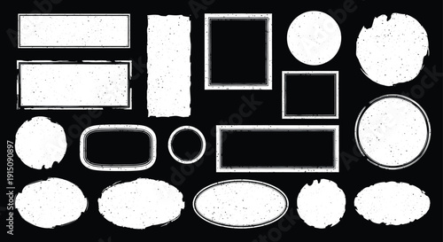 Distressed grunge texture frames and shapes vector collection. Includes rectangular, square, circular, and oval elements with rough edges. Created in black and white style with textured effect.