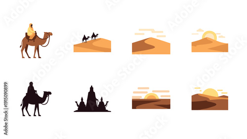 Desert journey: camels, sand dunes, and sunset silhouettes in minimalist style
