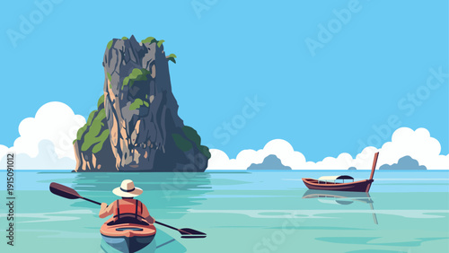 Exploring tranquil waters: kayaker and boat by rocky island under blue skies