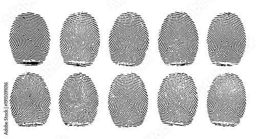 Ten Black Fingerprint Smudges - Identity and Forensic Investigation Concept