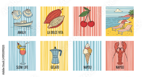 Italian summer travel and food icon collection. Includes seashells, boat, cocoa, cherries, beach, cocktail, moka pot, ice cream, and lobster symbols. Created in hand-drawn line art style with a