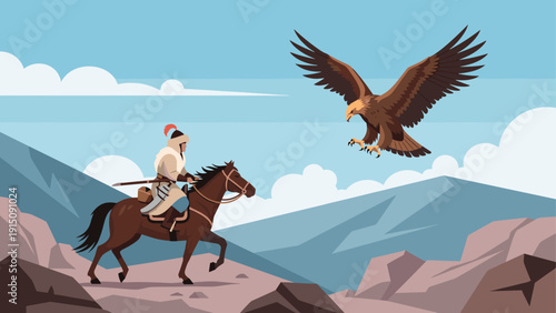 Nomadic warrior on horseback confronts eagle in scenic mountain landscape