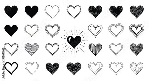 Variety of hand-drawn heart shapes in black and white, sketched and filled styles, isolated on white background